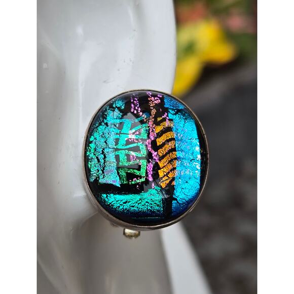 Vintage ORLY Lindsey Sterling Silver and Dichroic Fused Glass Clip On Earrings - Picture 1 of 10